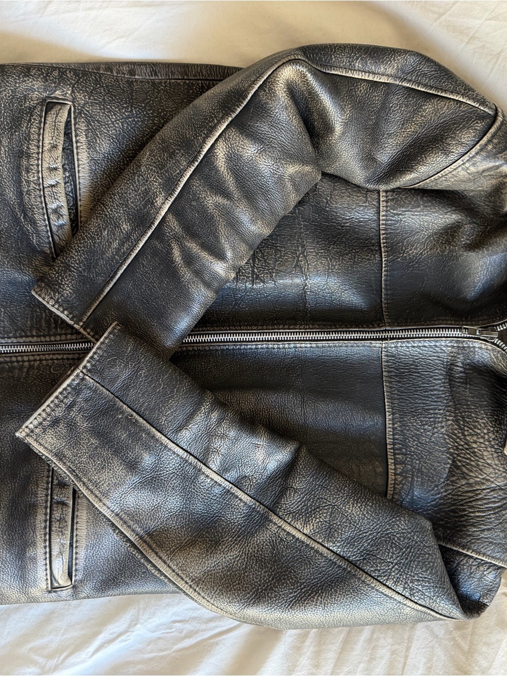 Distressed Black Leather Zip Front Jacket